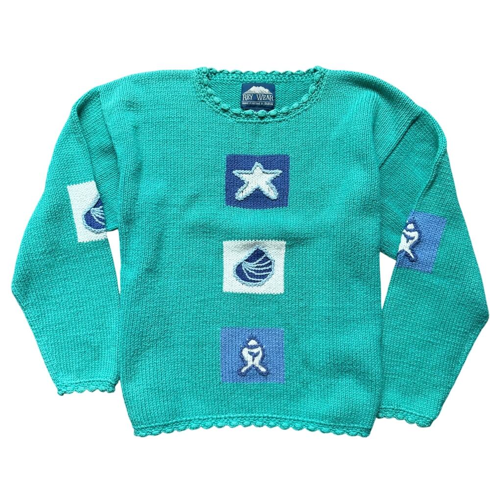 Rey Wear Hand Knit Bolivia Cotton Sweater Sea Motif Women’s L